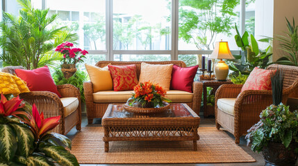 Cozy living space with rattan furniture, a vibrant flower arrangement, and bold modern decor elements. A harmonious blend of warm textures and pops of color in a stylish setting.