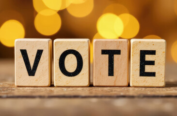 Vote concept with wooden blocks and bokeh lights for election theme
