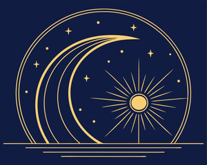 Golden crescent moon rising over a calm dark blue ocean under a starry night.