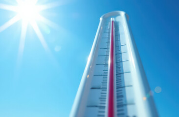 Sunny day with high temperatures captured by outdoor thermometer against clear blue sky