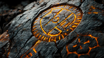 Closeup of petroglyph carved into ancient stone walls inscriptions sacred symbols. lava-covered megaliths. illustration. Sacred Inscription. Illustration