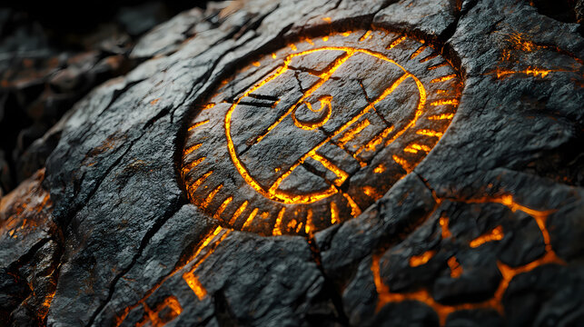 Closeup of petroglyph carved into ancient stone walls inscriptions sacred symbols. lava-covered megaliths. illustration. Sacred Inscription. Illustration