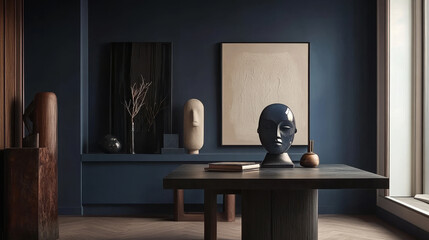 A striking composition featuring a deep blue wall, a sculptural console table, abstract sculptures, and curated decorative accents in a minimalist setting.