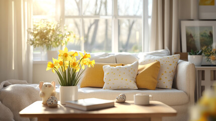 A cozy spring living room decorated for Easter with soft textiles, woven rabbit figurines, and fresh yellow daffodils. A balance of natural materials and warm neutrals creates an inviting atmosphere.