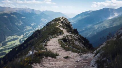 Steep mountain path with railing, wildflowers, and lush valley below