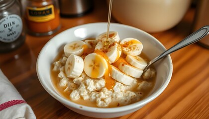 A warm bowl of oatmeal topped with sliced bananas, honey drizzle, and a sprinkle of cinnamon on a cozy kitchen counter,
