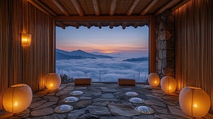 Obraz premium Traditional Korean Jjimjilbang Sauna with Gemstone Floors and Panoramic Cloud View