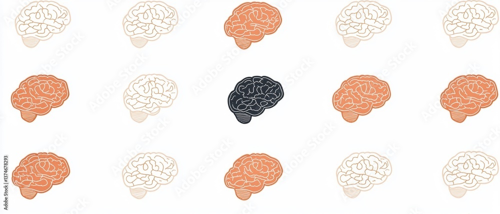 Poster collection of nine illustrations of a human brain in different colors. the illustrations are arrange