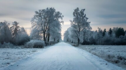 Obraz premium Snow-covered pathway through a serene winter forest with frosted trees