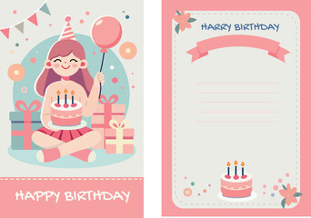 Cute birthday card template featuring a smiling girl with a cake, balloon, and presents. Includes space for a personal message. Soft pastel pink theme perfect for kids' celebrations.