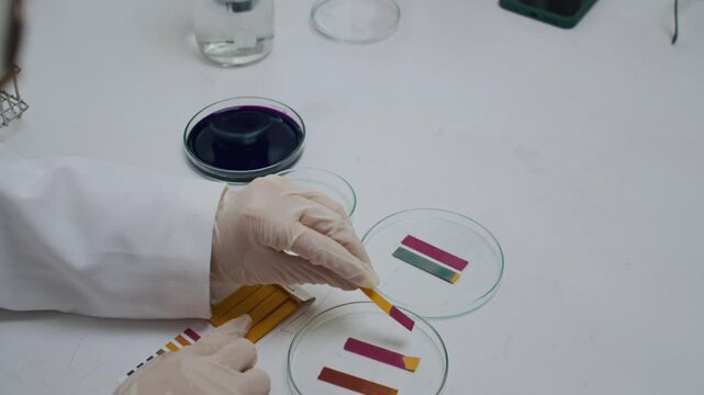 High angle shot of unrecognizable female scientist tearing off litmus test dipping it into petri dish with deep purple liquid and putting it on petri dish