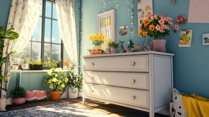 Stylish and minimalist composition on wooden design commode with copy space, flowers in vase, decorations and personal accessories. Template.