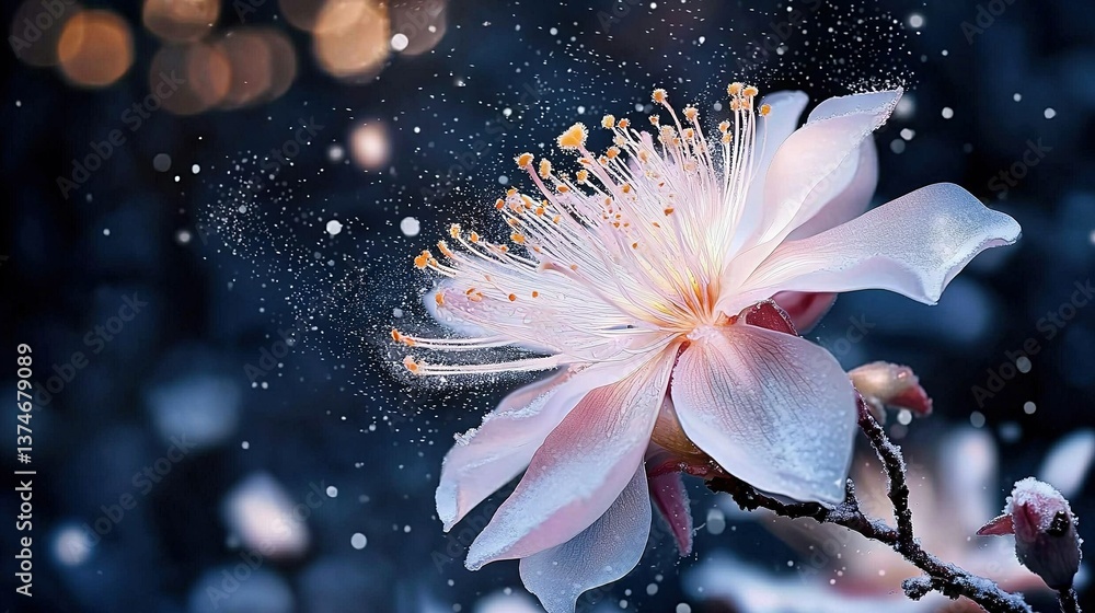 Poster a close-up of a flower on a tree branch with snow falling on the ground and blurry lights in the bac