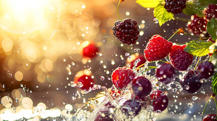 Splashes of water on red currant and large berries