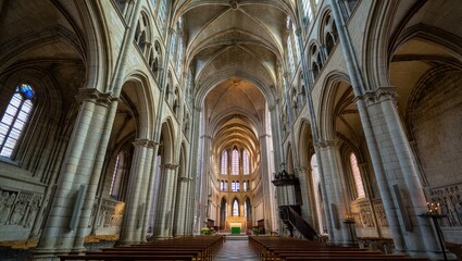 The interior of a grand cathedral showcases impressive Gothic architecture, featuring high arches, intricate stonework, and colored light streaming through stained glass windows