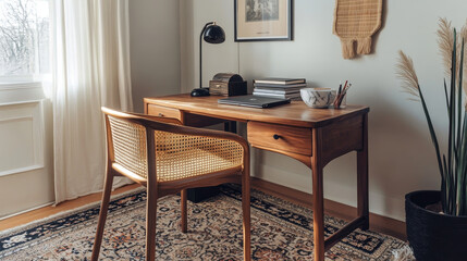 Cozy composition of workplace interior space with mock up poster frame, wooden desk, rattan chair, black lamp, books, patterned carpet, marble bowl and personal accessories. Home decor. Template.
