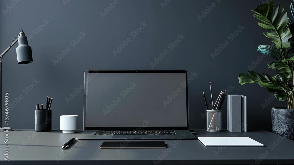 Poster minimalist workspace, simple desk setup with a laptop and notepad, clean and organized