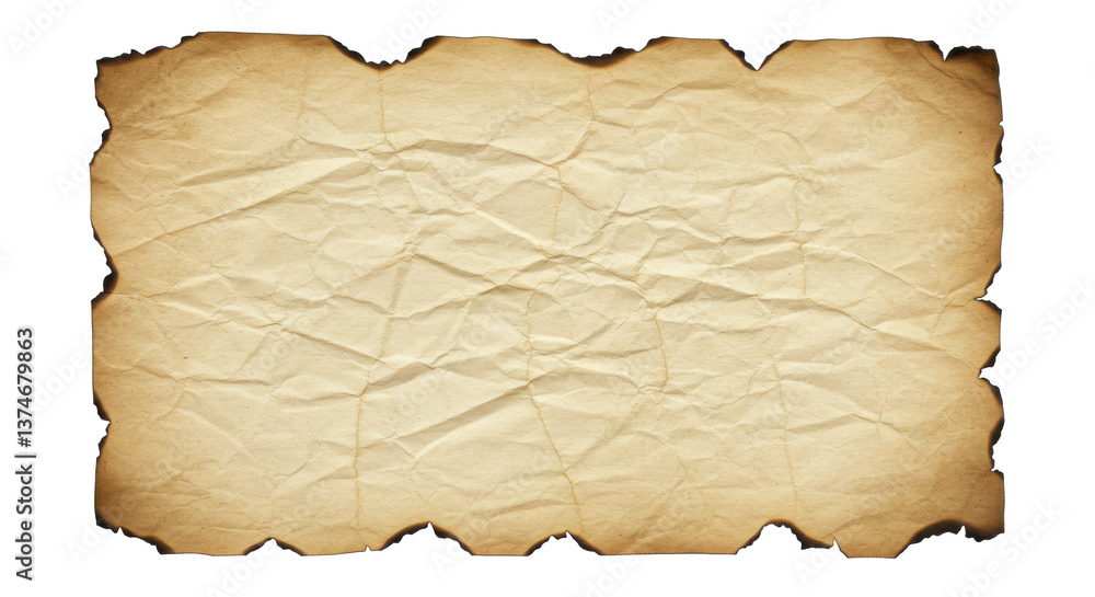 Poster a rectangular piece of aged paper with burnt edges and a crumpled texture on a black background