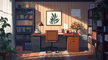 Creative composition of cozy workplace with mock up poster frame, wooden desk, rattan chair, black rack, simple lamp, vase with flowers, patterned carpet and personal accessories. Home decor. Template