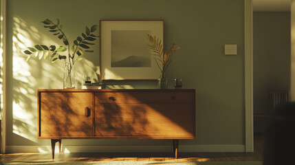 A stylish, minimalist living room area featuring a mid-century modern commode with a cozy decorations, leafs in vase. The room includes elegant decor, soft lighting, and a tranquil ambiance.