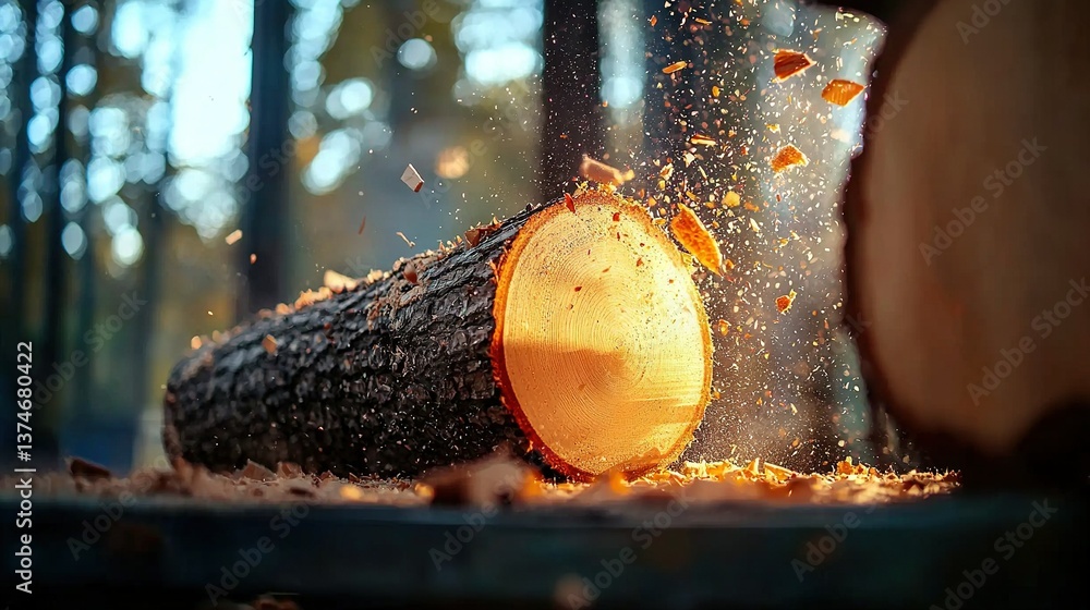 Poster   A tree trunk split in two, with one half used for chopping down another