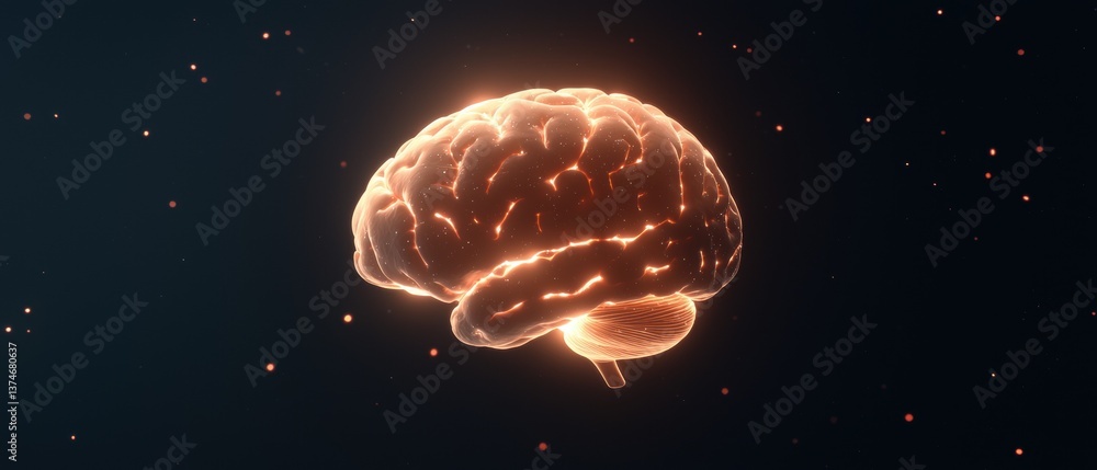 Fototapete 3d rendering of a human brain. the brain is in the center of the image and is glowing orange in colo