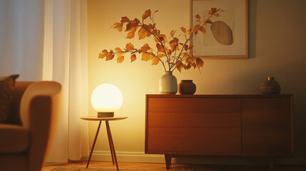 A stylish, minimalist living room area featuring a mid-century modern commode with a cozy decorations, leafs in vase. The room includes elegant decor, soft lighting, and a tranquil ambiance.
