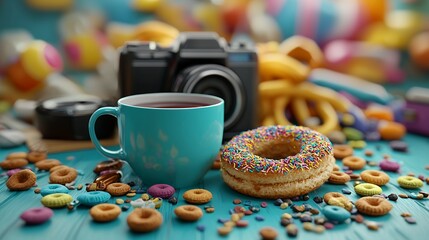 Colorful Cereal and Donut with Teal Mug and Camera