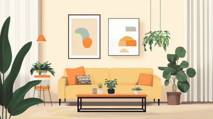 Minimalist composition of open space interior with mock up poster, bench, green pillow, plants, wooden coffee table, boho stool, window, modular sofa and personal accessories. Home decor. Template.