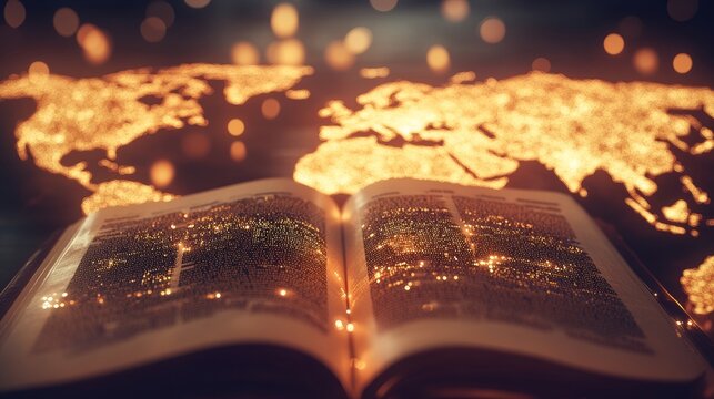 When an open book represents knowledge, a world map highlights global interactions and opportunities for learning