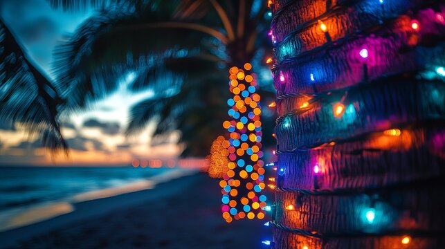 Christmas lights on palm trees tropical beach holiday vacation festive season celebration decor party night