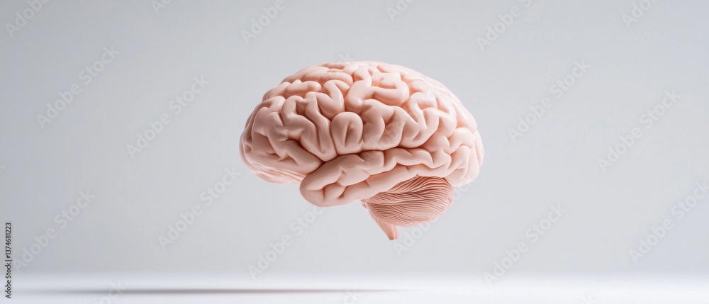 Poster 3d rendering of a human brain in a light pink color. the brain is in the center of the image, with a