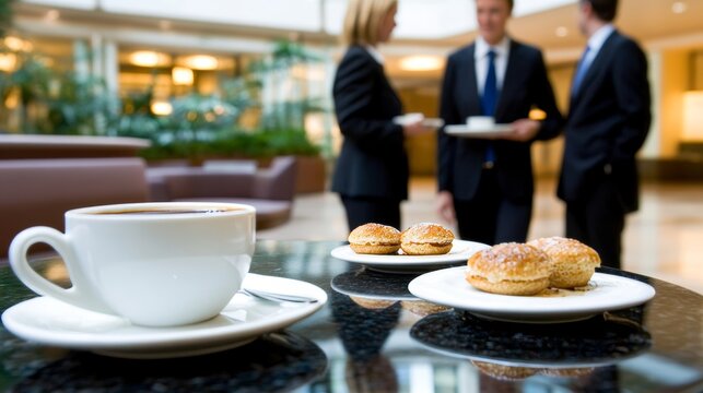 Freshly brewed coffee and tea are presented on an elegantly arranged table against a corporate event setting, highlighting a sophisticated beverage service for business seminars