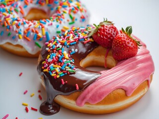 Two assorted donuts with colorful sprinkles, chocolate glaze, pink icing, and fresh strawberries, perfect for dessert menus
