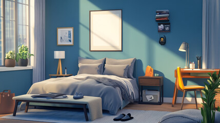 Fototapeta premium Creative composition of warm bedroom interior with mock up poster frame, blue wall, gray bedding, stylish armchair, bench, slippers, black desk, lamp and personal accessories. Home decor. Template.
