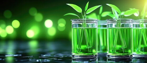 Green liquid in glasses with small sprouts, glowing background, creating a vivid and refreshing image