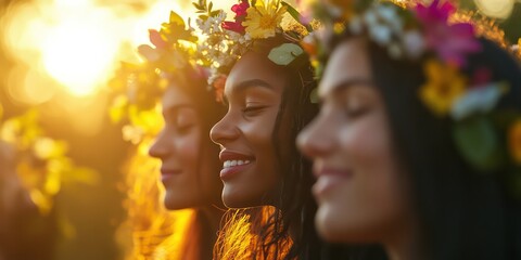 a group of three girls adorned with flower crowns, smiling peacefully in the golden light