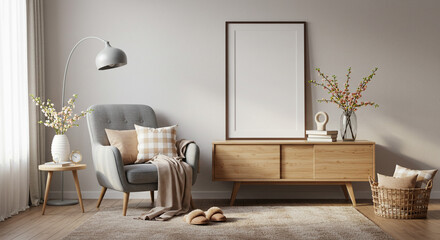 Fototapeta premium Serene living room sanctuary: a cozy grey armchair invites relaxation amidst soft natural light, wooden accents, and blooming branches, creating a peaceful atmosphere.