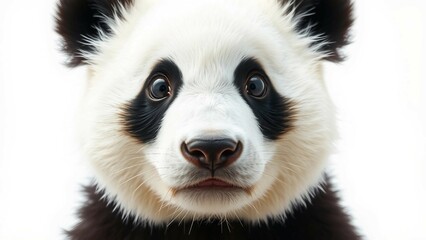 Fototapeta premium Panda-Gesicht-Nahaufnahme auf weißem Hintergrund. Schwarze und weiße Farben. Ideal für Tier- oder Naturschutz-Themen.