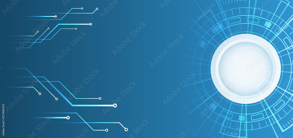 Fototapete Hi-tech computer digital technology concept. Wide Blue background with various technological elements. Abstract circle technology communication, vector illustration. Futuristic design for presentation