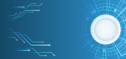 Hi-tech computer digital technology concept. Wide Blue background with various technological elements. Abstract circle technology communication, vector illustration. Futuristic design for presentation