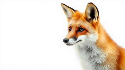 Fuchs mit orange-wei&szlig;em Fell auf wei&szlig;em Hintergrund. Nahaufnahme des Gesichts mit klaren Details. Ideal f&uuml;r Tier- oder Naturthemen.