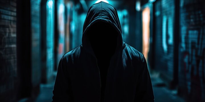 a person wearing a hood standing in a dark alley, mysterious and isolated, with a sense of foreboding and anonymity - Powered by Adobe
