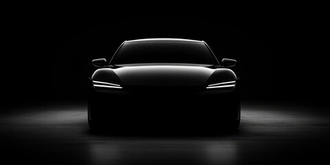 a sleek black car stands out in the dark background, with its headlights illuminated. The car appears mysterious and powerful. wallpaper background