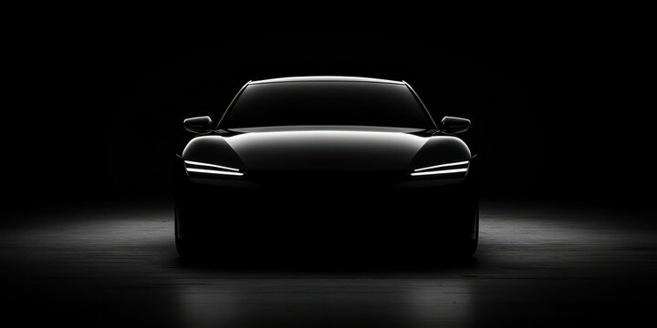 a sleek black car stands out in the dark background, with its headlights illuminated. The car appears mysterious and powerful. wallpaper background