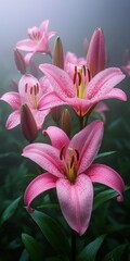 Stunning close-up of pink lilies glistening with morning dew, soft background.