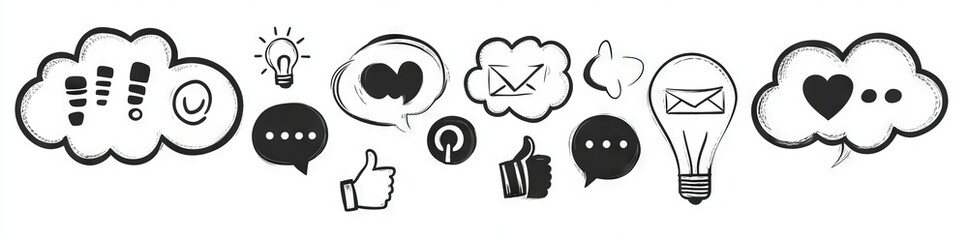Obraz premium Illustrations of communication symbols, known as doodles, showcase the variety of modern online interactions and social media engagement
