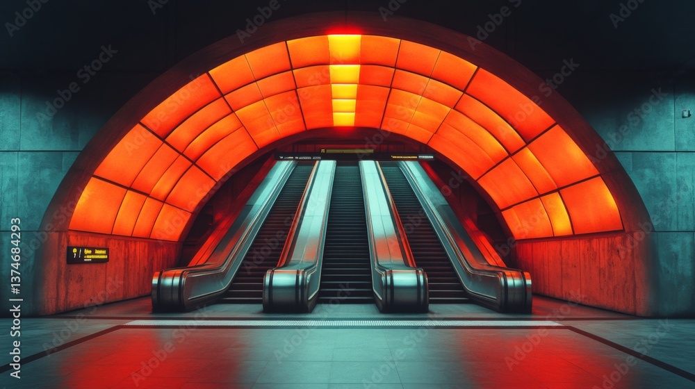 Poster commuters navigate a well designed subway station featuring vivid red lighting and dual escalators, 