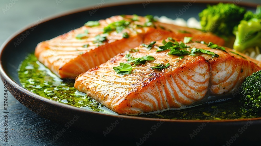 Poster close-up of two fish on a plate with broccoli and broccoli florets on the side