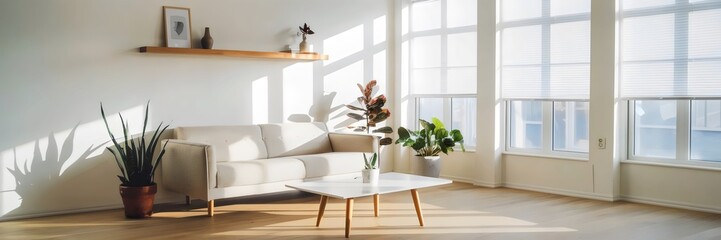 Modern minimalist living room with beige sofa and potted plants
